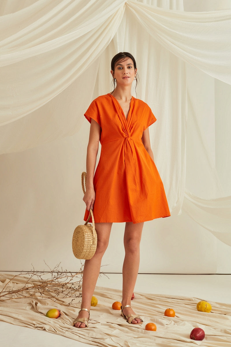 Front knot mini dress-Tangerine