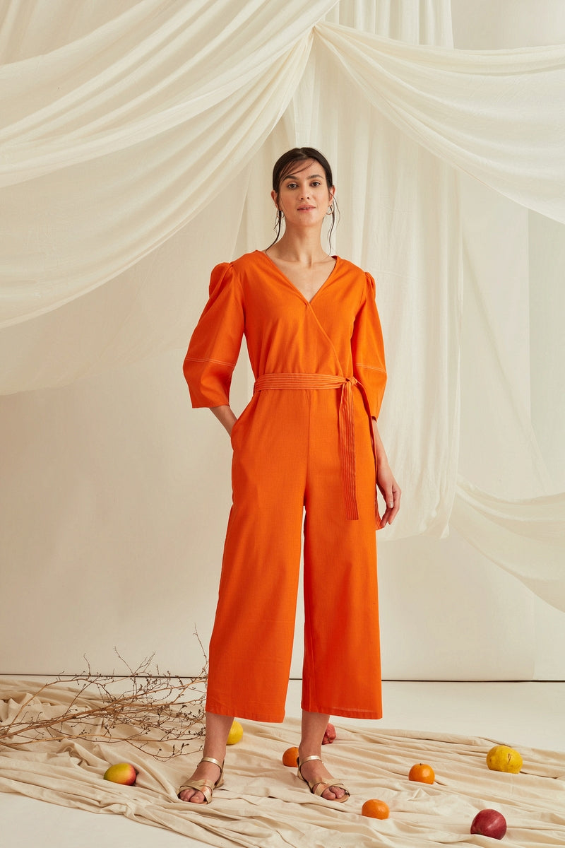 Overlapped neckline lantern sleeves belted jumpsuit-Tangerine