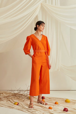 Overlapped neckline lantern sleeves belted jumpsuit-Tangerine