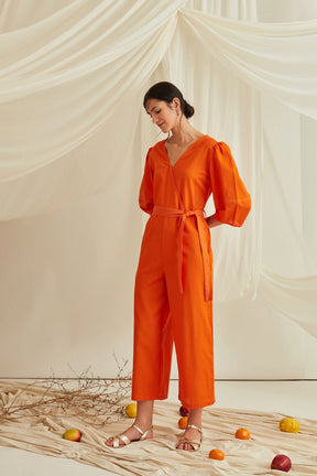 Overlapped neckline lantern sleeves belted jumpsuit-Tangerine