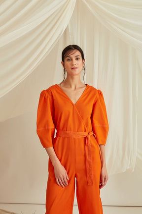 Overlapped neckline lantern sleeves belted jumpsuit-Tangerine