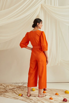 Overlapped neckline lantern sleeves belted jumpsuit-Tangerine