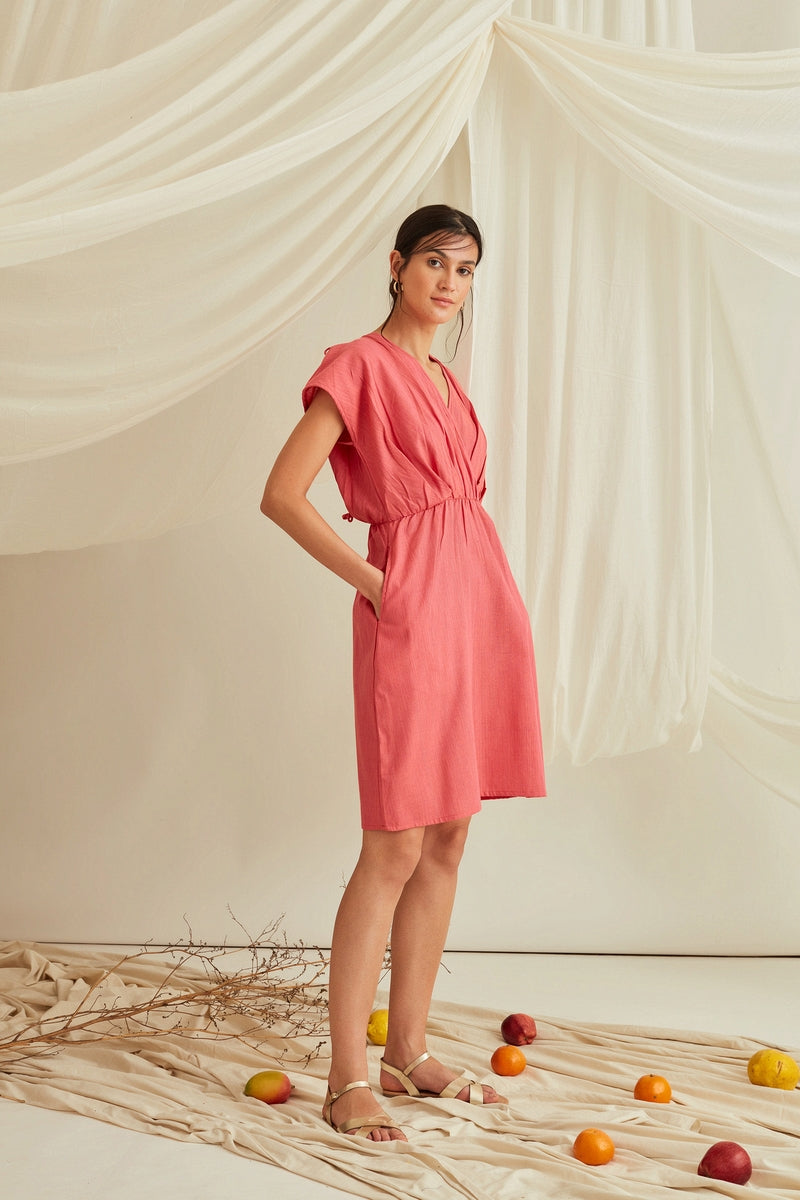 Overlapping pleated front mini dress-Punch Pink