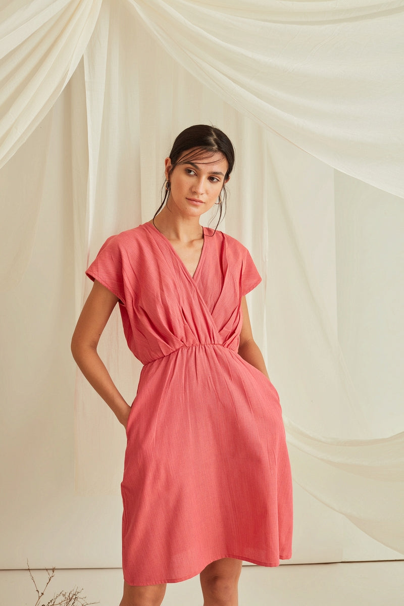 Overlapping pleated front mini dress-Punch Pink