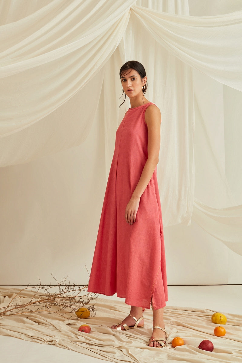 Box pleat side slit jumpsuit-Punch Pink