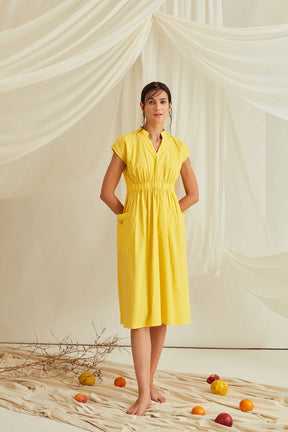 Drop shoulder elasticated waist midi dress-Sunshine Yellow