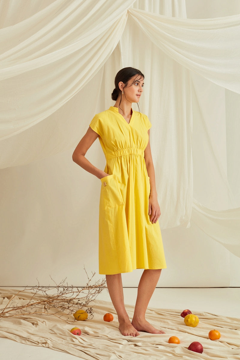 Drop shoulder elasticated waist midi dress-Sunshine Yellow
