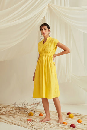 Drop shoulder elasticated waist midi dress-Sunshine Yellow