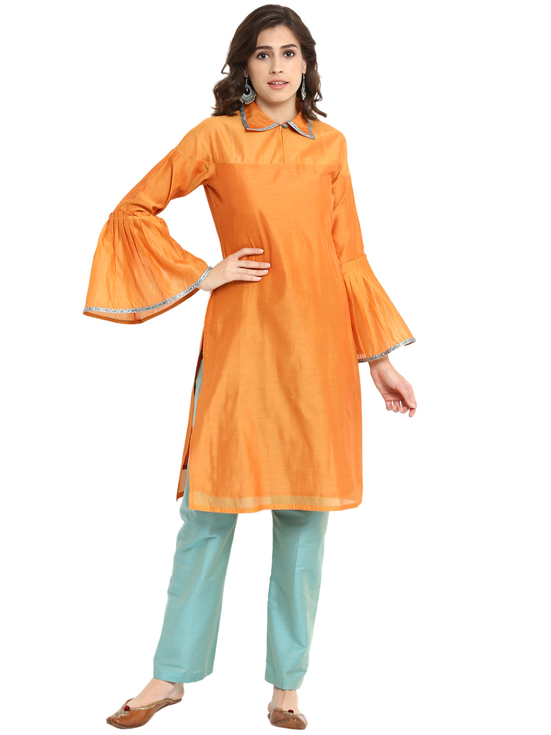 Abhishti Chanderi Mid-Length Straight Kurta with Pleated Flute Sleeves and Shirt Collar