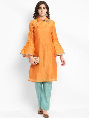 Abhishti Chanderi Mid-Length Straight Kurta with Pleated Flute Sleeves and Shirt Collar - XS