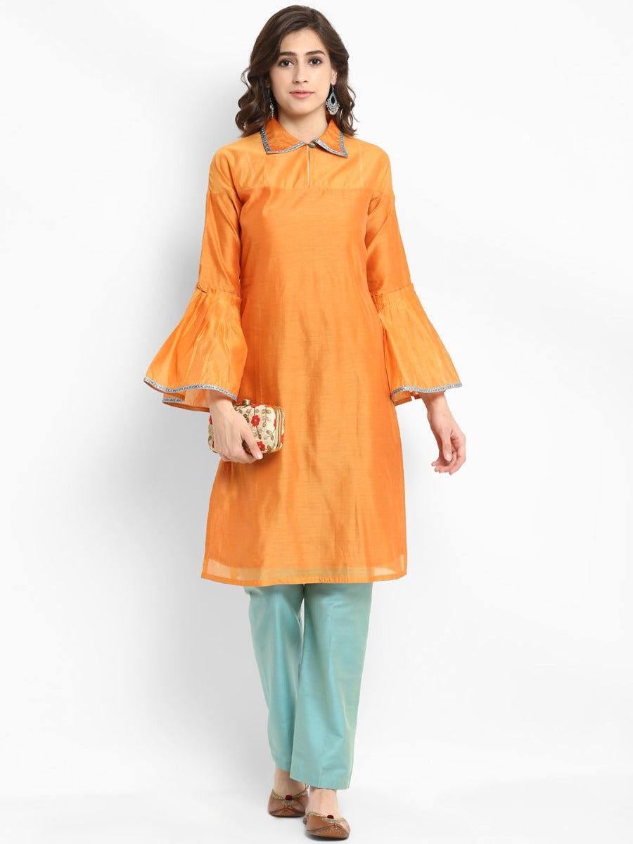 Abhishti Chanderi Mid-Length Straight Kurta with Pleated Flute Sleeves and Shirt Collar - XS