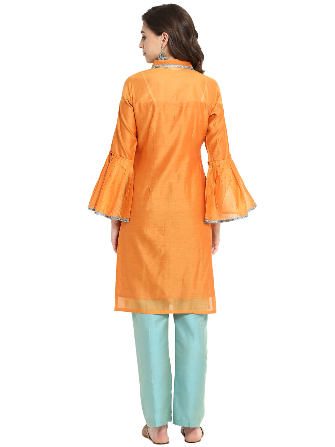 Abhishti Chanderi Mid-Length Straight Kurta with Pleated Flute Sleeves and Shirt Collar