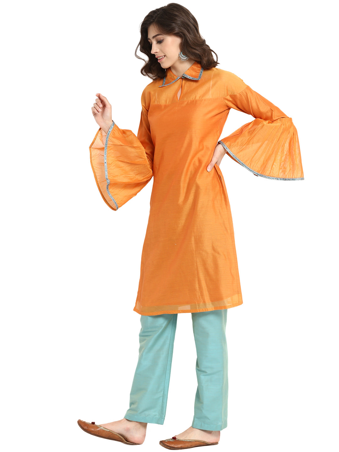 Abhishti Chanderi Mid-Length Straight Kurta with Pleated Flute Sleeves and Shirt Collar