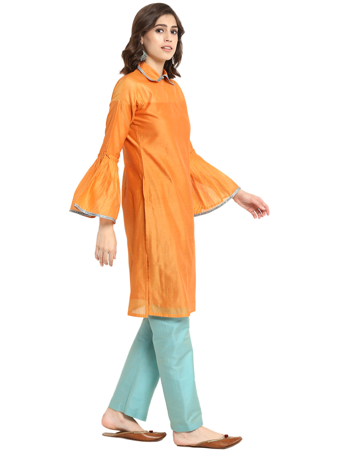 Abhishti Chanderi Mid-Length Straight Kurta with Pleated Flute Sleeves and Shirt Collar