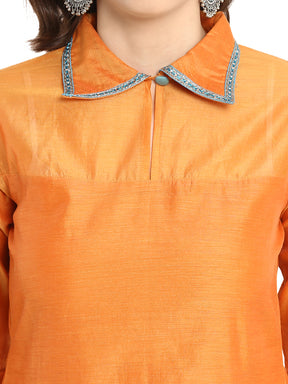 Abhishti Chanderi Mid-Length Straight Kurta with Pleated Flute Sleeves and Shirt Collar