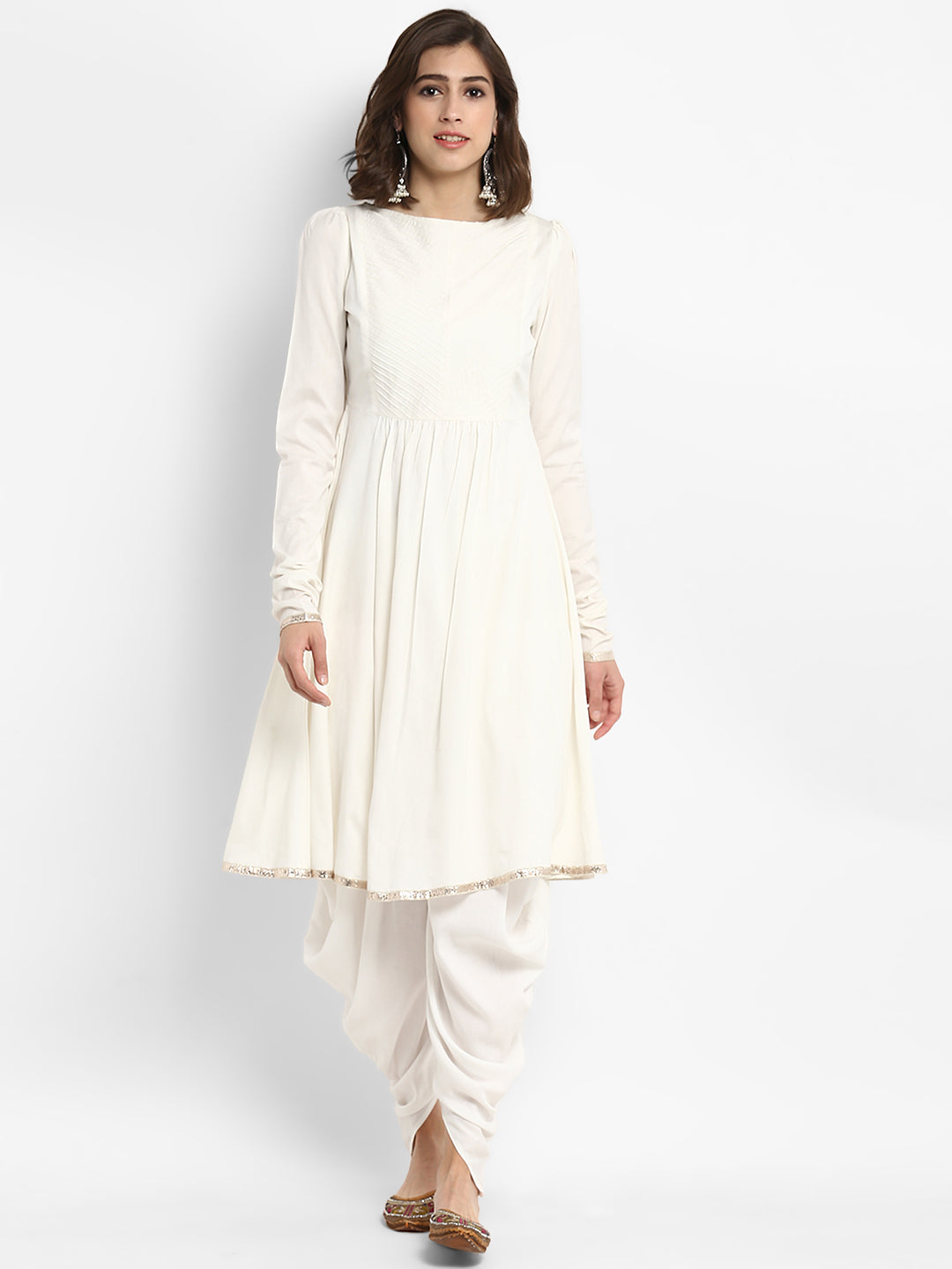 White Banarasi Flared Kurta with Churidar Sleeves