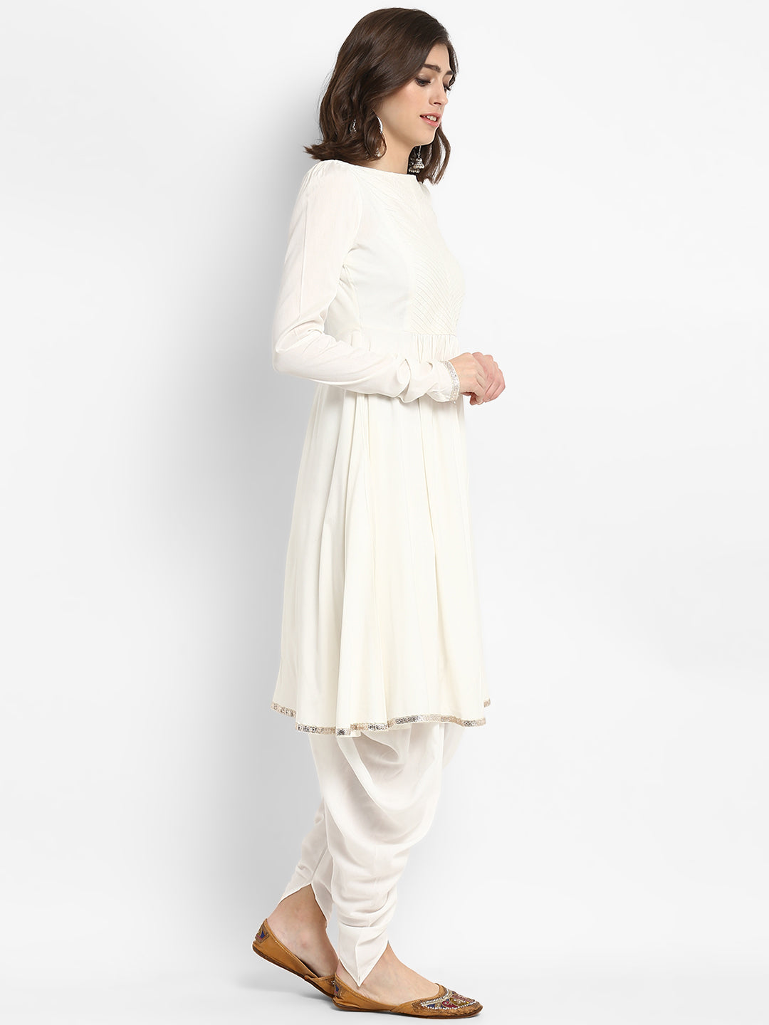 White Banarasi Flared Kurta with Churidar Sleeves