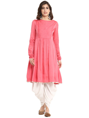 Pink Banarasi Flared Kurta with Churidar Sleeves