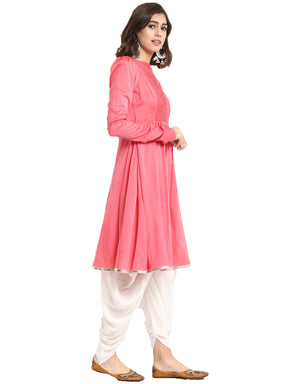 Pink Banarasi Flared Kurta with Churidar Sleeves