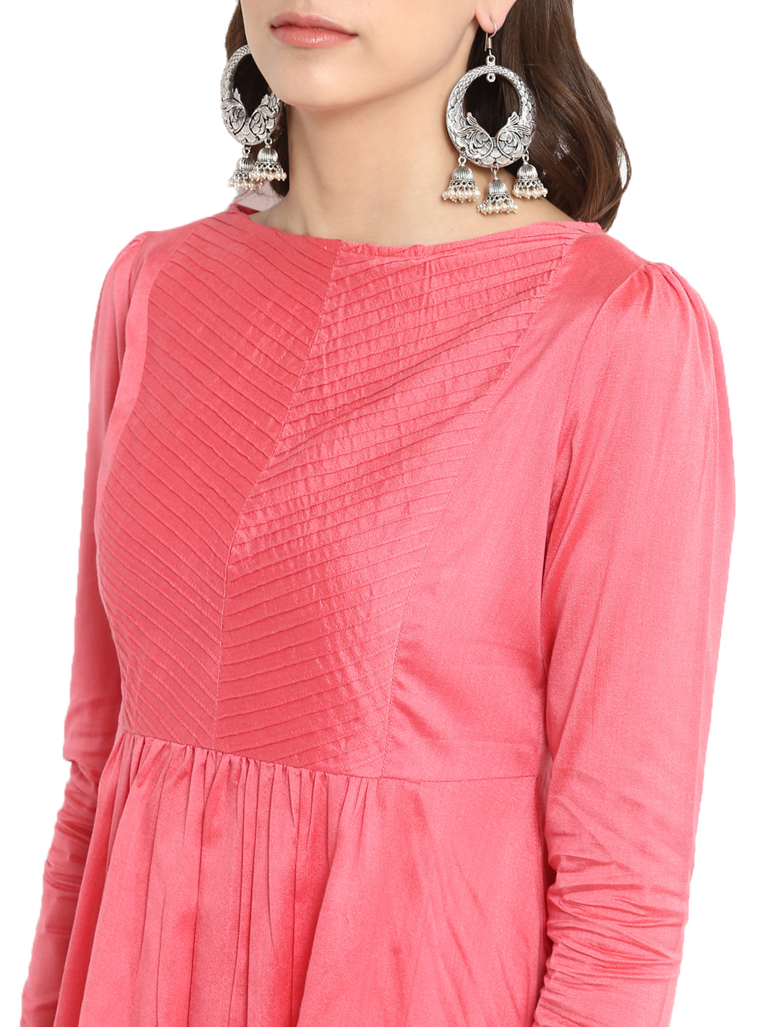 Pink Banarasi Flared Kurta with Churidar Sleeves