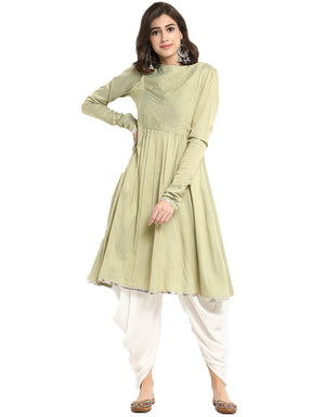 Sage Green Banarasi Flared Kurta with Churidar Sleeves