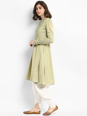 Sage Green Banarasi Flared Kurta with Churidar Sleeves