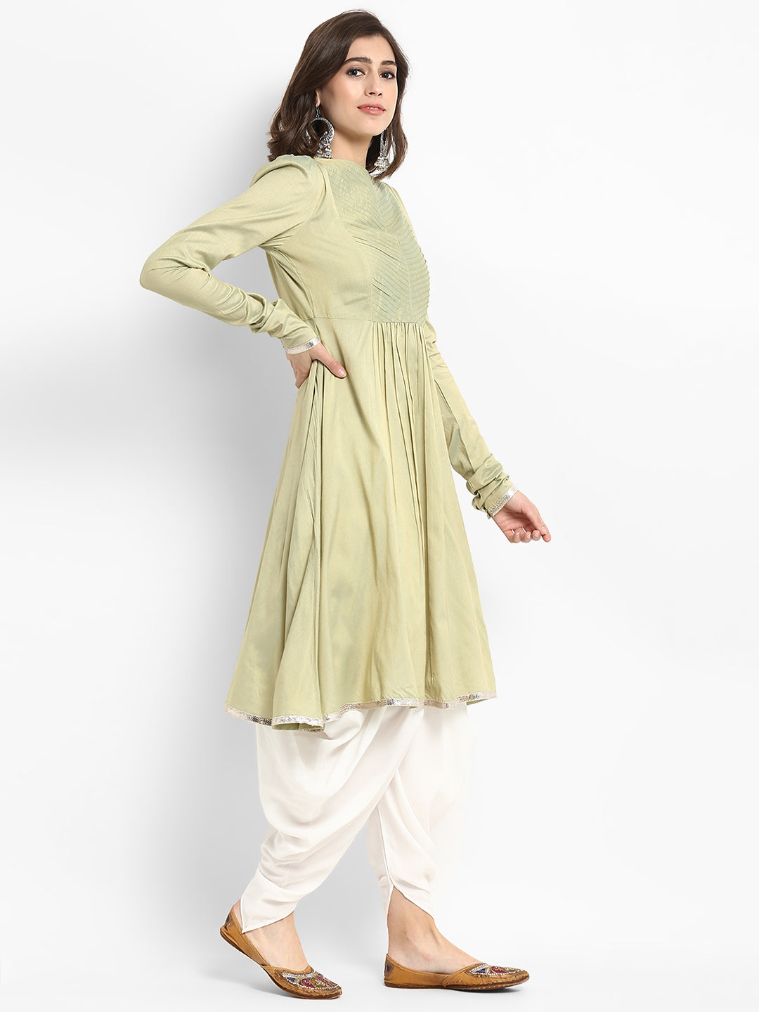 Sage Green Banarasi Flared Kurta with Churidar Sleeves