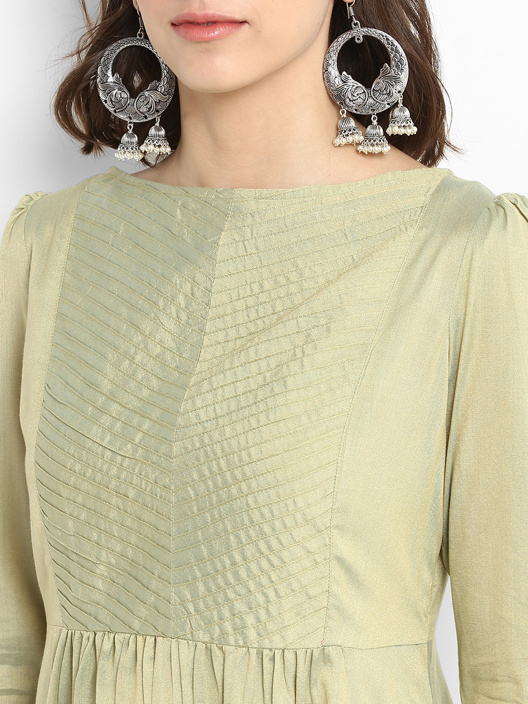 Sage Green Banarasi Flared Kurta with Churidar Sleeves