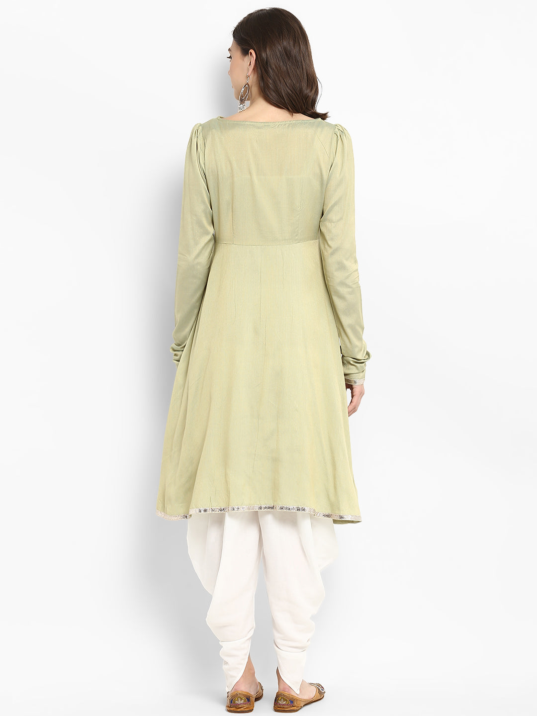 Sage Green Banarasi Flared Kurta with Churidar Sleeves