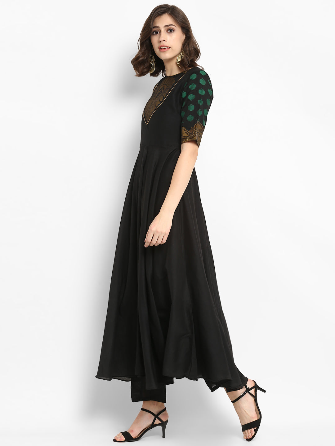 Black Flare Long Kurta with Awadh Neck and Zari Design