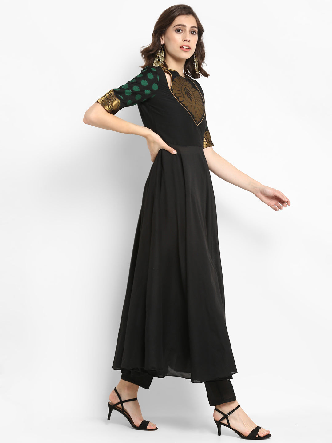 Black Flare Long Kurta with Awadh Neck and Zari Design