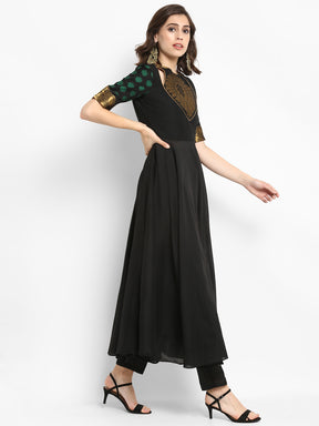 Black Flare Long Kurta with Awadh Neck and Zari Design