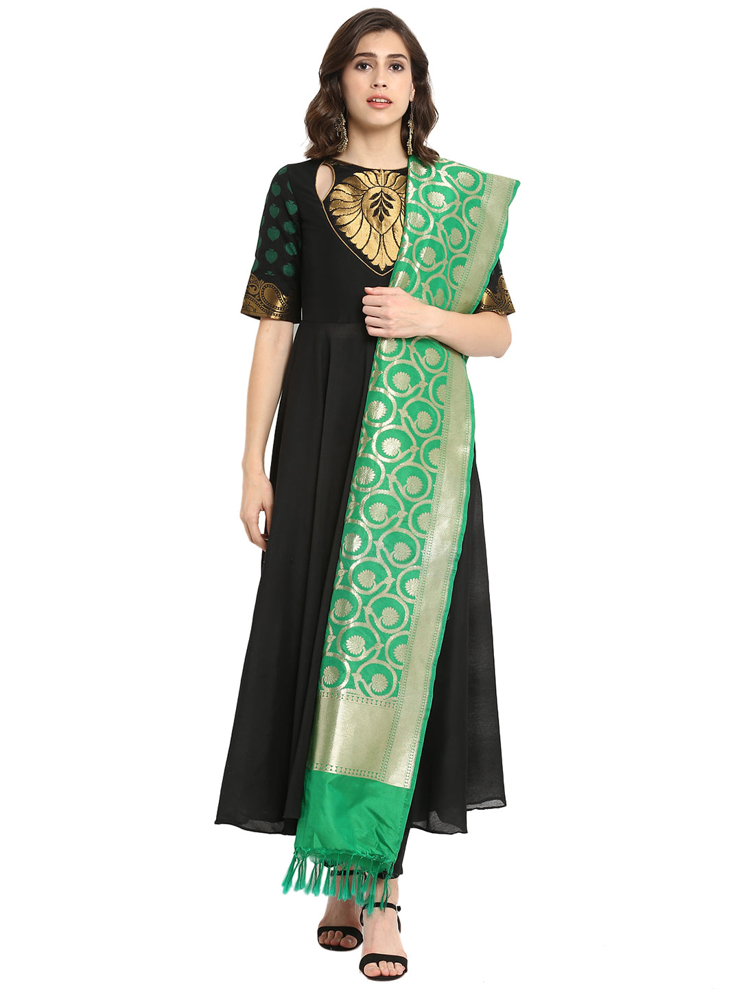 Black Flare Long Kurta with Awadh Neck and Zari Design