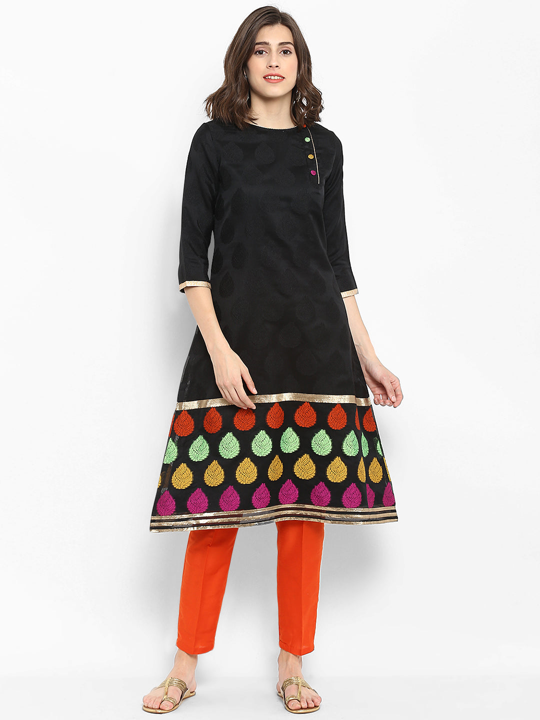 Abhishti Self Booti Chanderi A Line Kurta with Round neck and Fabric button detailing