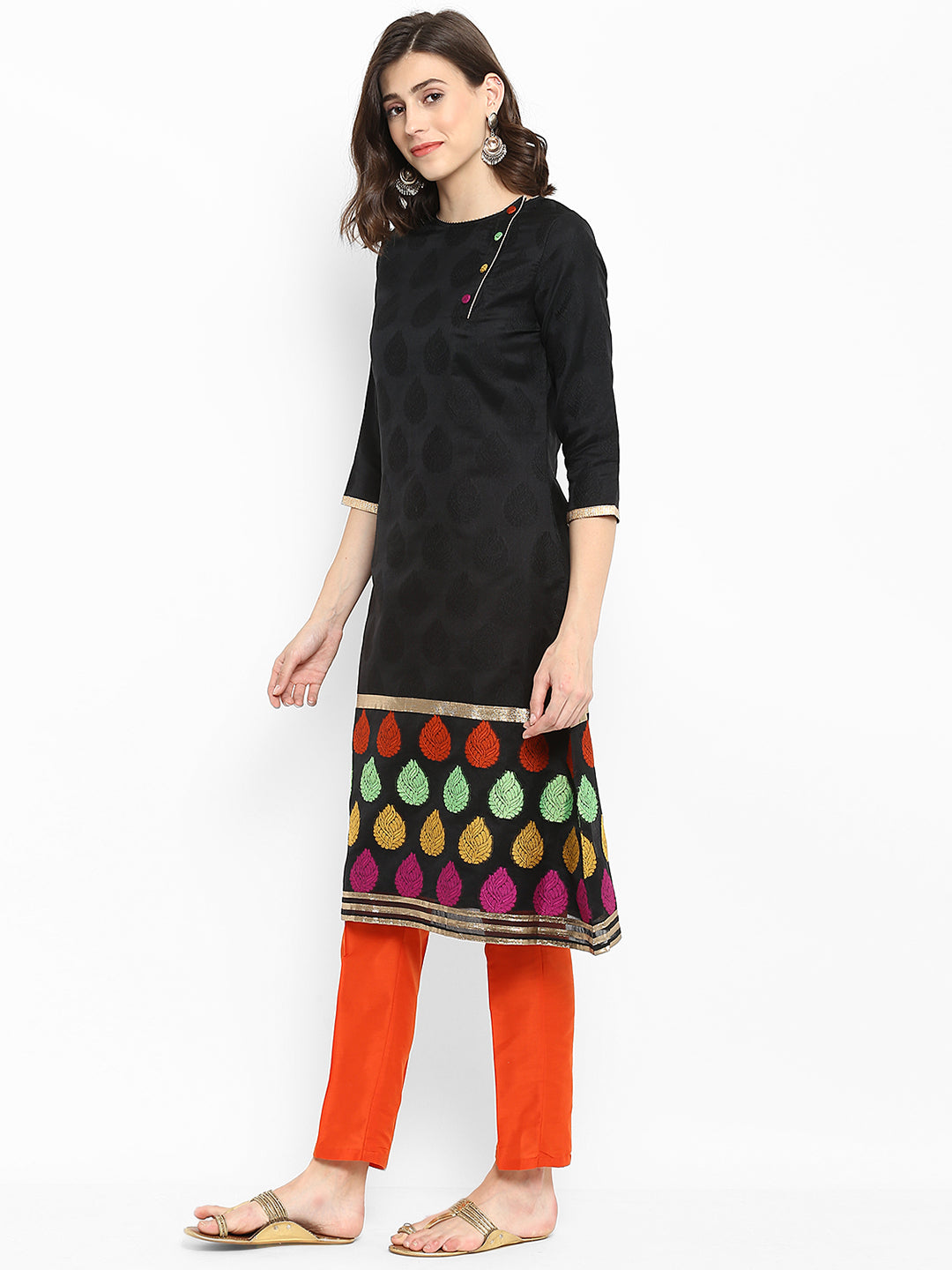 Abhishti Self Booti Chanderi A Line Kurta with Round neck and Fabric button detailing