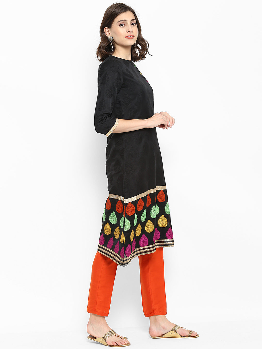 Abhishti Self Booti Chanderi A Line Kurta with Round neck and Fabric button detailing