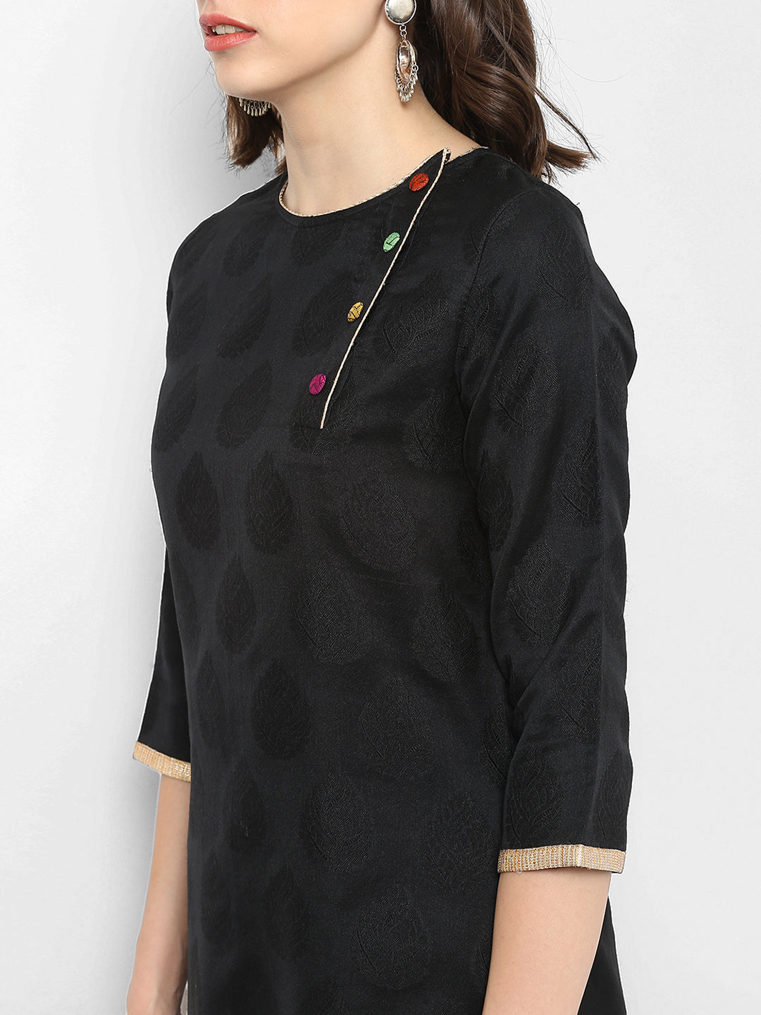 Abhishti Self Booti Chanderi A Line Kurta with Round neck and Fabric button detailing