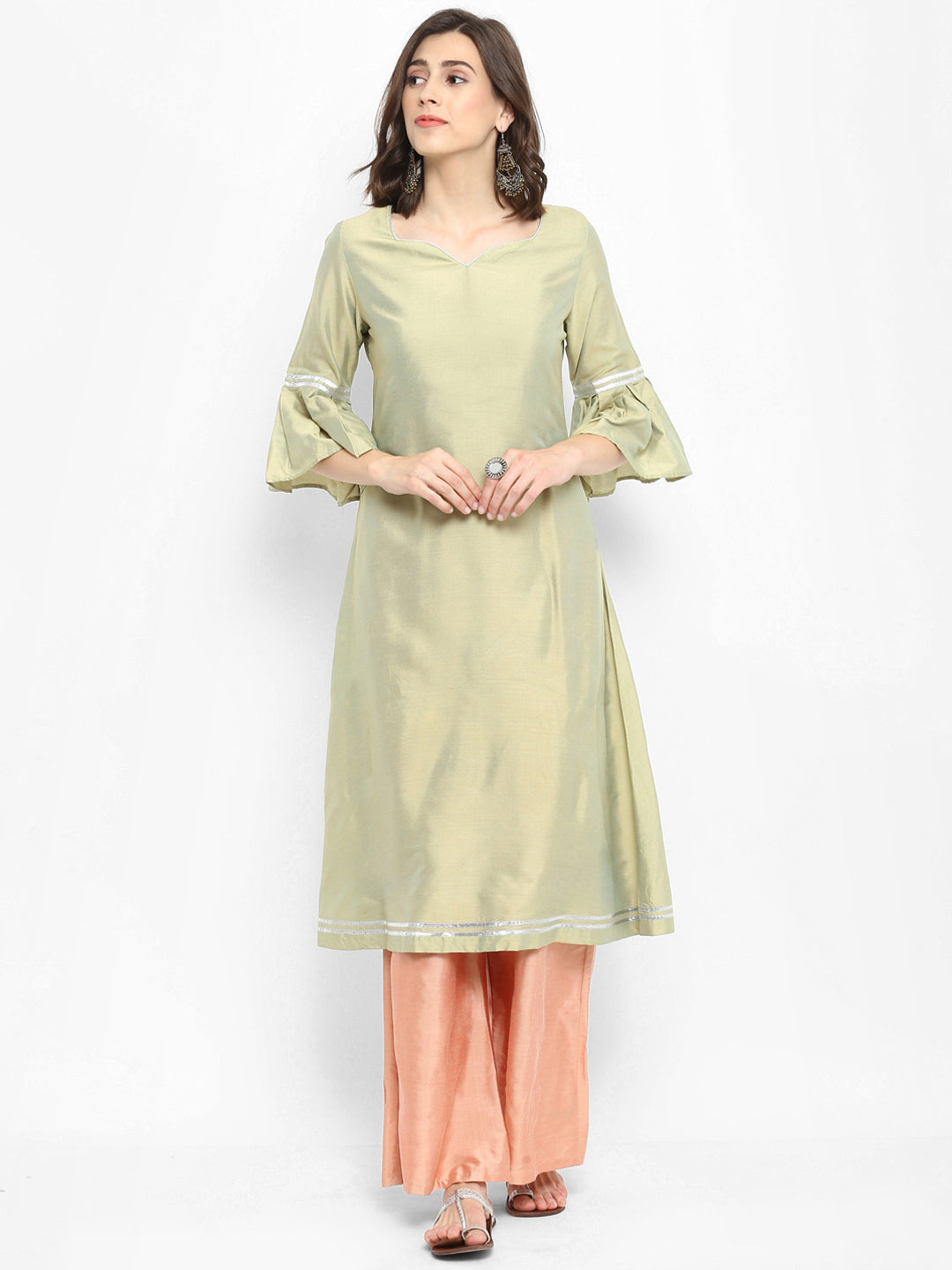 Abhishti Polysilk Pattel A Line Kurta with Flute Sleeves