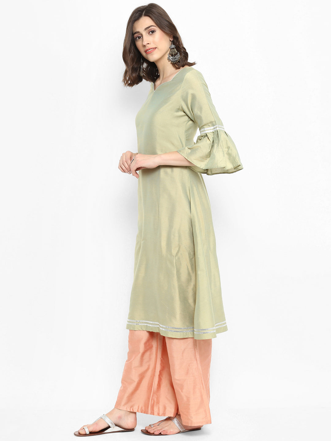 Abhishti Polysilk Pattel A Line Kurta with Flute Sleeves