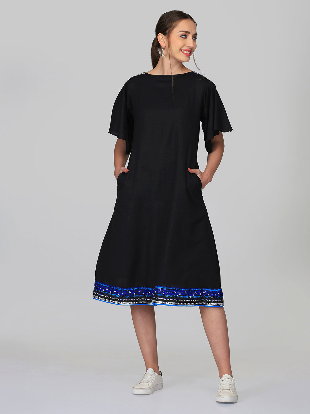 Abhishti Cotton Linen A line dress with Sanganeri Shoulder detail