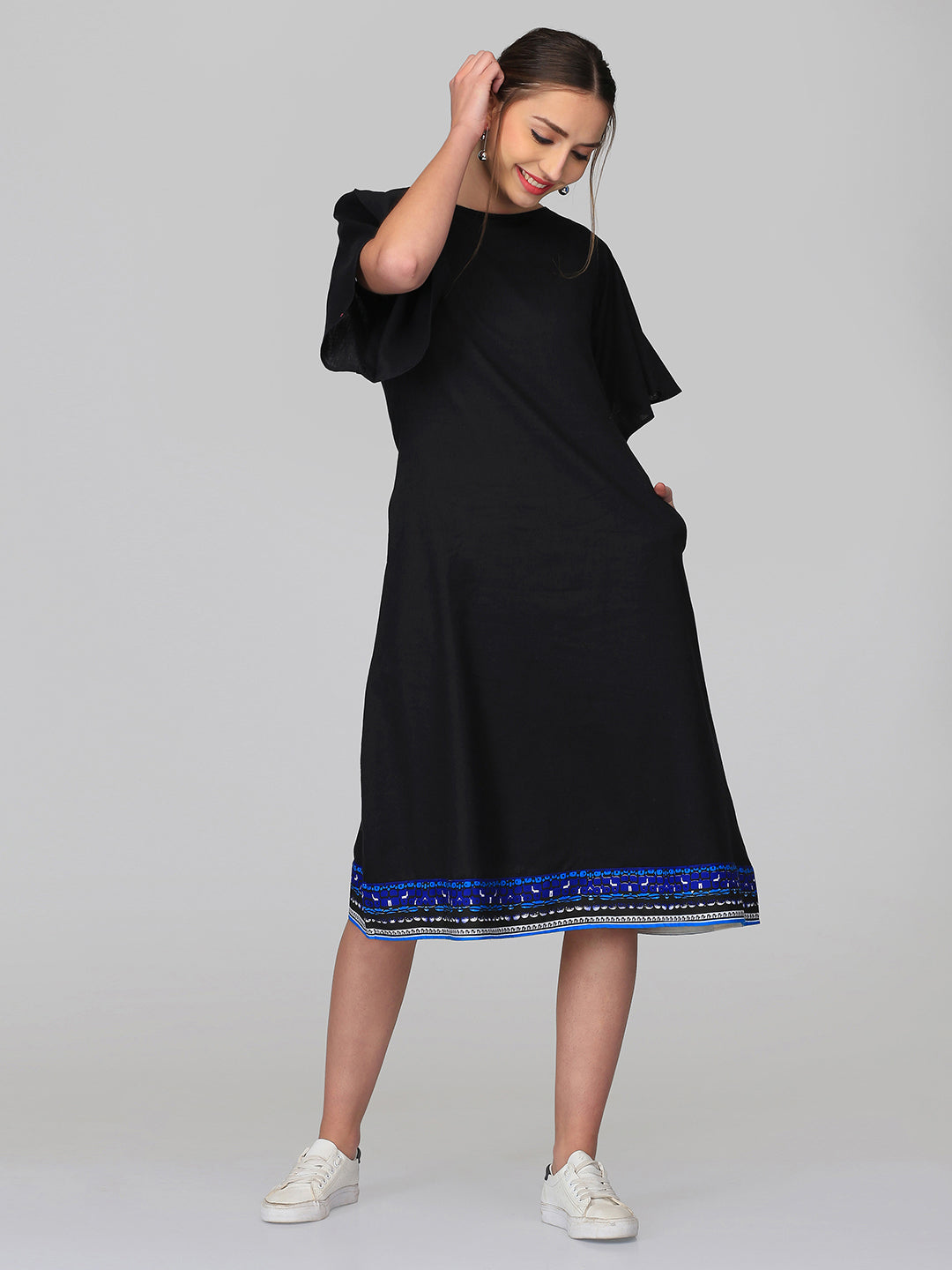 Abhishti Cotton Linen A line dress with Sanganeri Shoulder detail