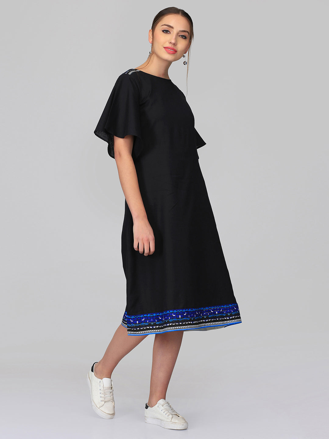 Abhishti Cotton Linen A line dress with Sanganeri Shoulder detail