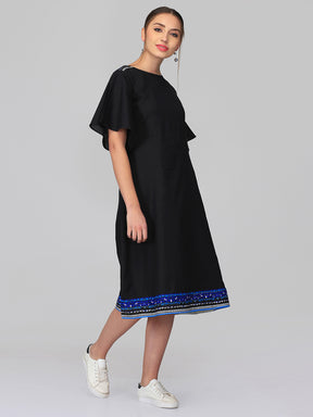 Abhishti Cotton Linen A line dress with Sanganeri Shoulder detail