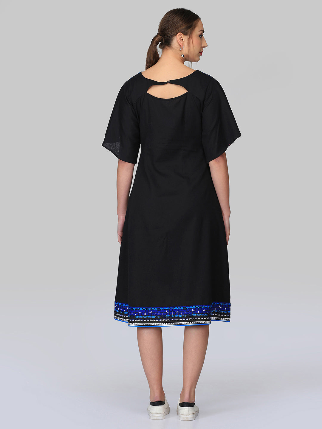 Abhishti Cotton Linen A line dress with Sanganeri Shoulder detail