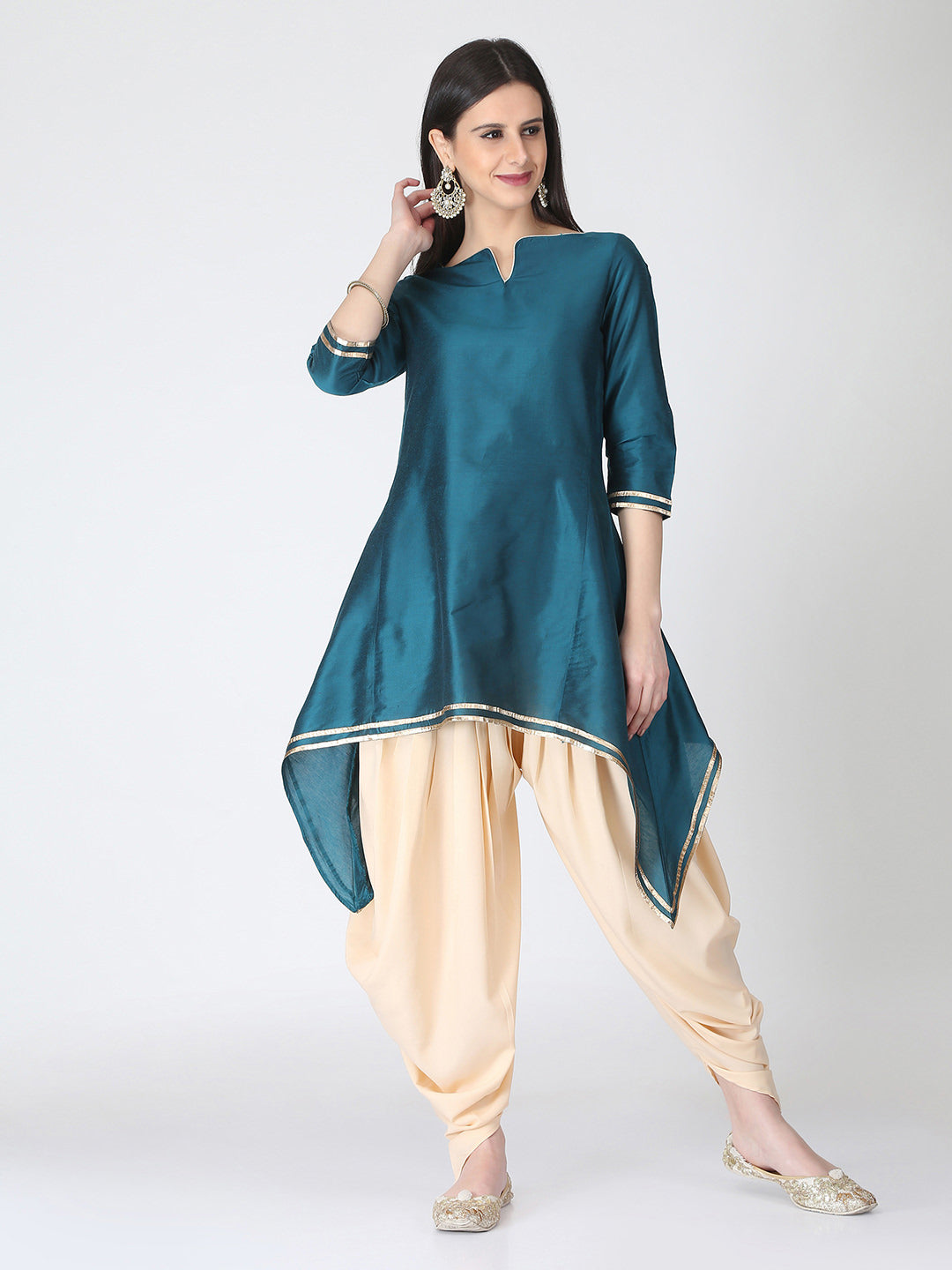 Peacock Green Banarasi A-Line Kurta With Long Sleeves