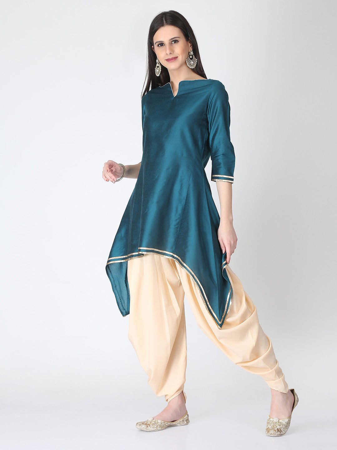 Peacock Green Banarasi A-Line Kurta With Long Sleeves