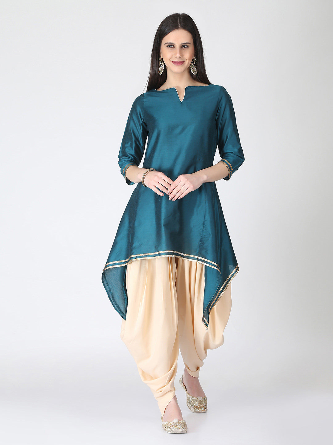 Peacock Green Banarasi A-Line Kurta With Long Sleeves