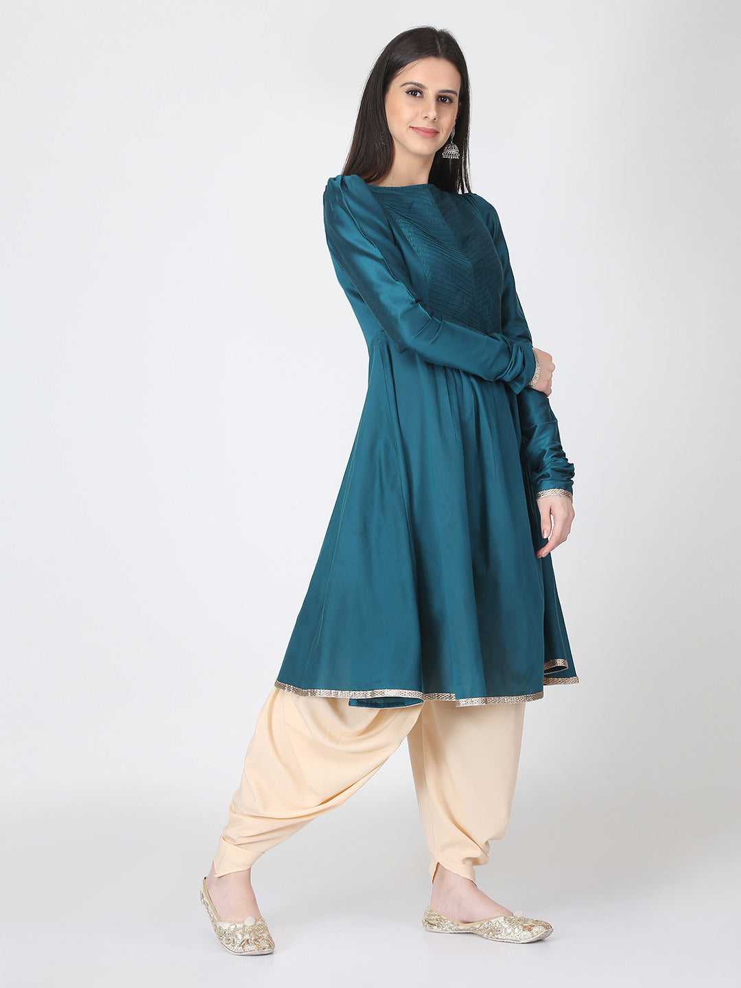 Navy Blue Cotton Silk Flared Kurta