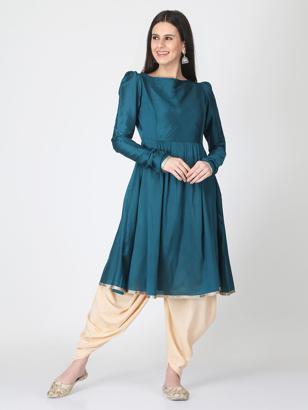 Navy Blue Cotton Silk Flared Kurta