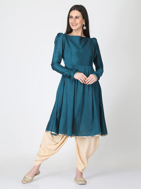 Navy Blue Cotton Silk Flared Kurta